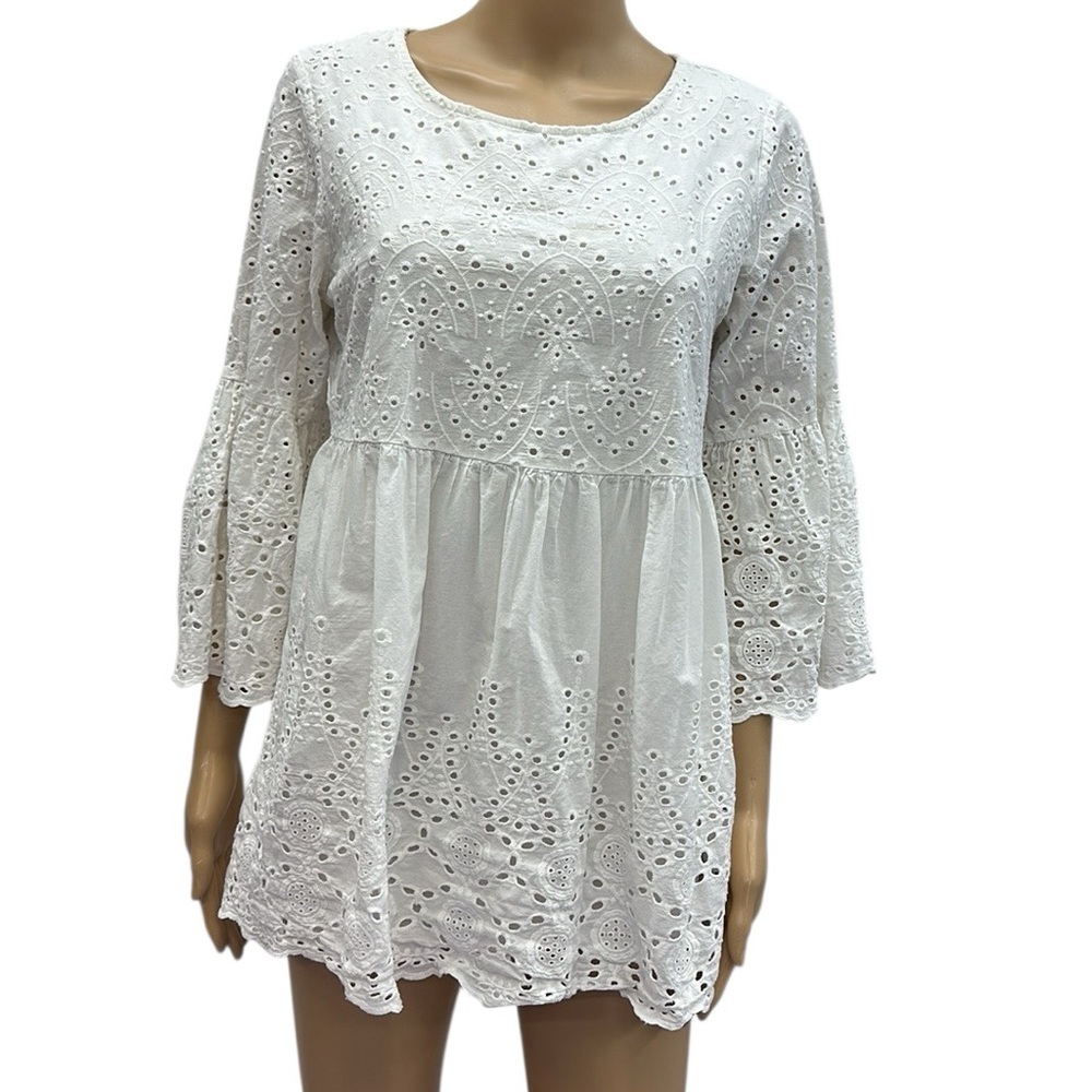 Calstyle Cotton White Eyelet Lined 3 Quarter Sleeve Blouse Top Womens Small